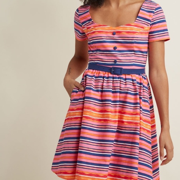 NWOT ModCloth Pink Striped A-Line Belted Dress Cycling In Seville Style Size S - Picture 1 of 8